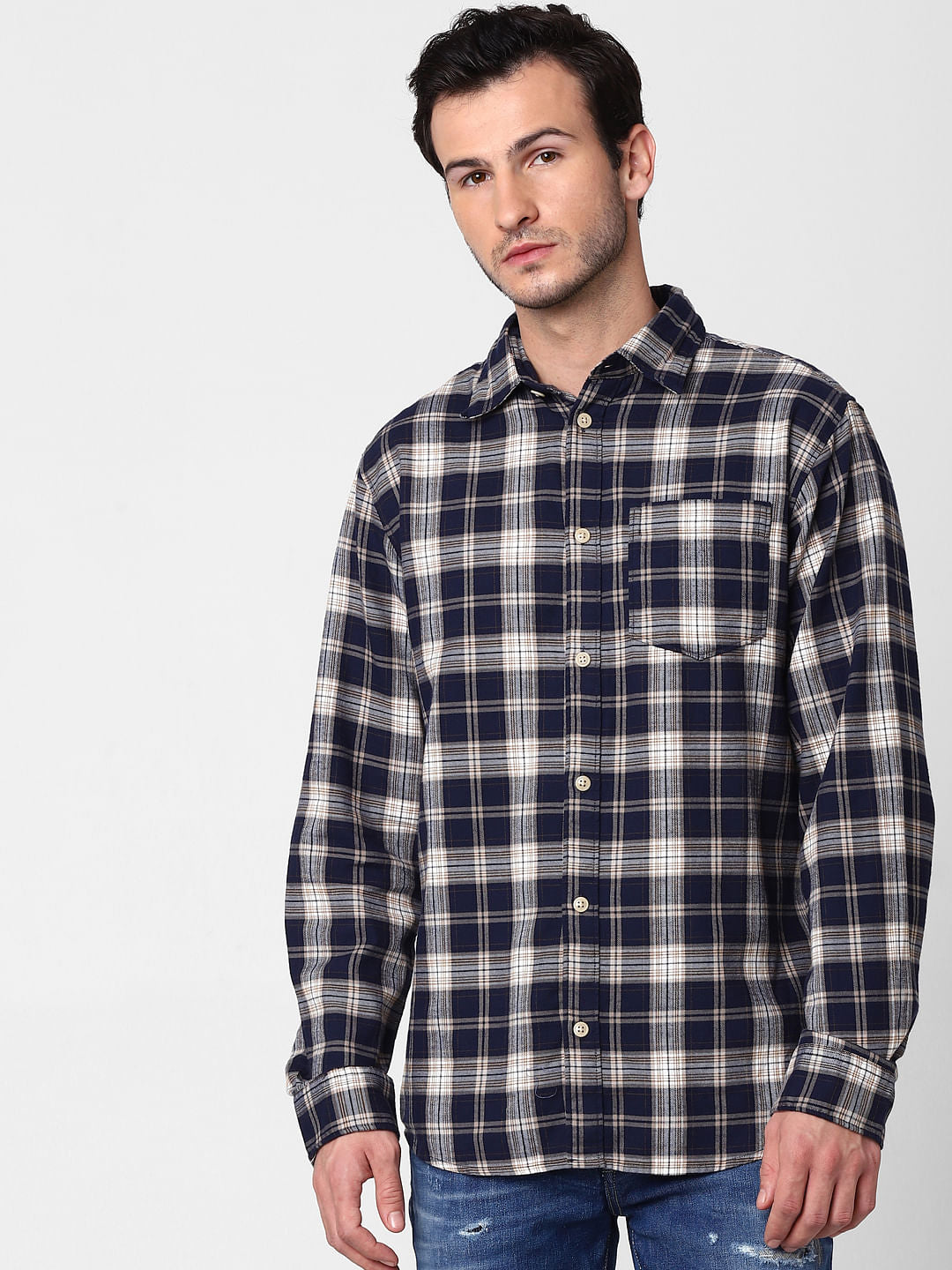 Navy Blue Check Full Sleeves Shirt