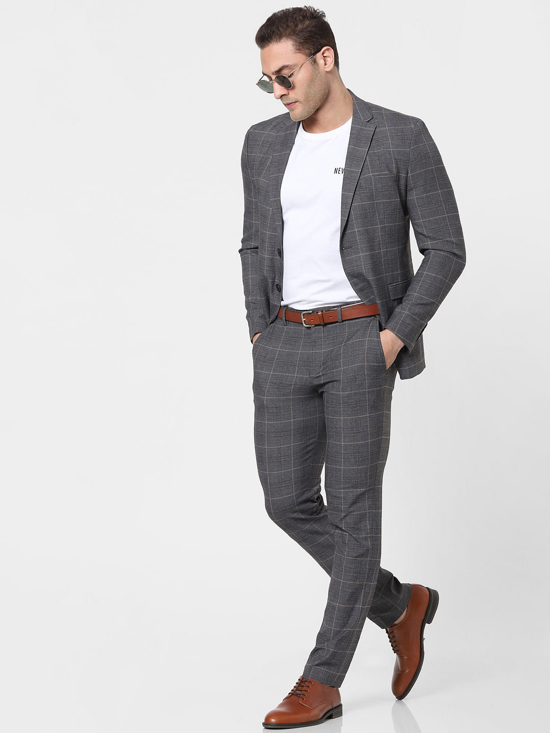 Grey Mid Rise Check Trousers