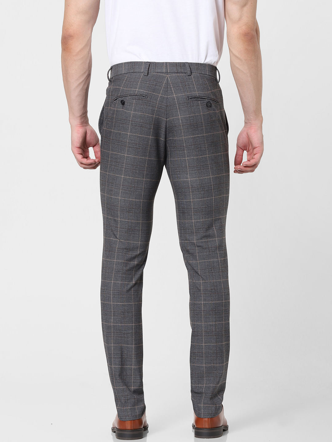 Grey Mid Rise Check Trousers