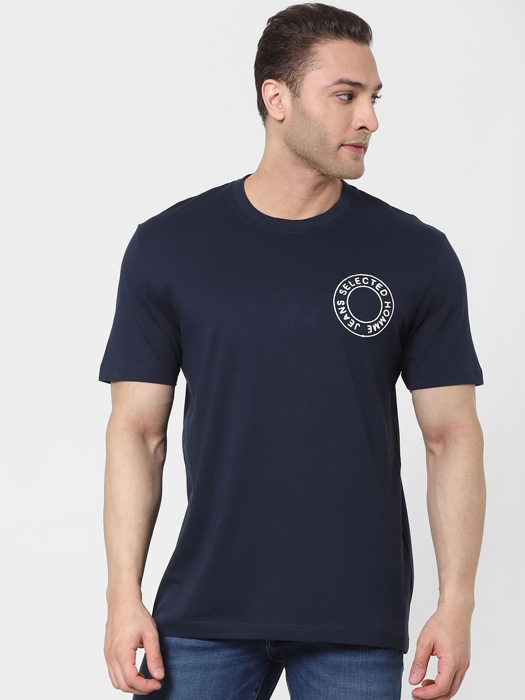 Blue Organic Cotton Text Print T-Shirt