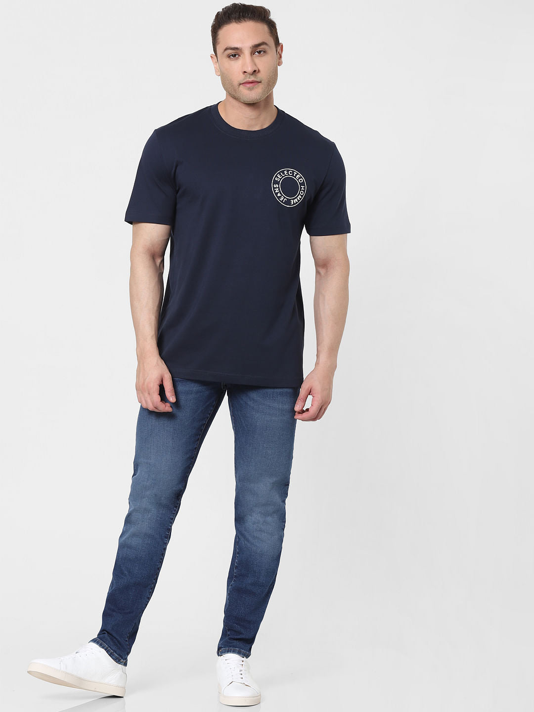 Blue Organic Cotton Text Print T-Shirt