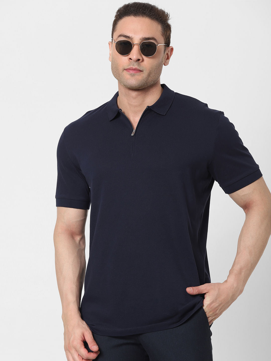 Navy Blue Zip Polo T-Shirt