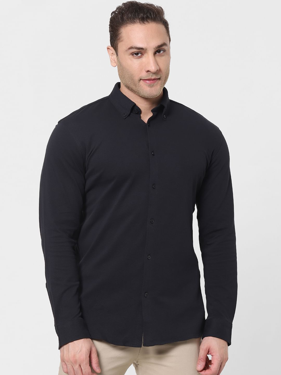 Black Button Down Full Sleeves Knit Shirt