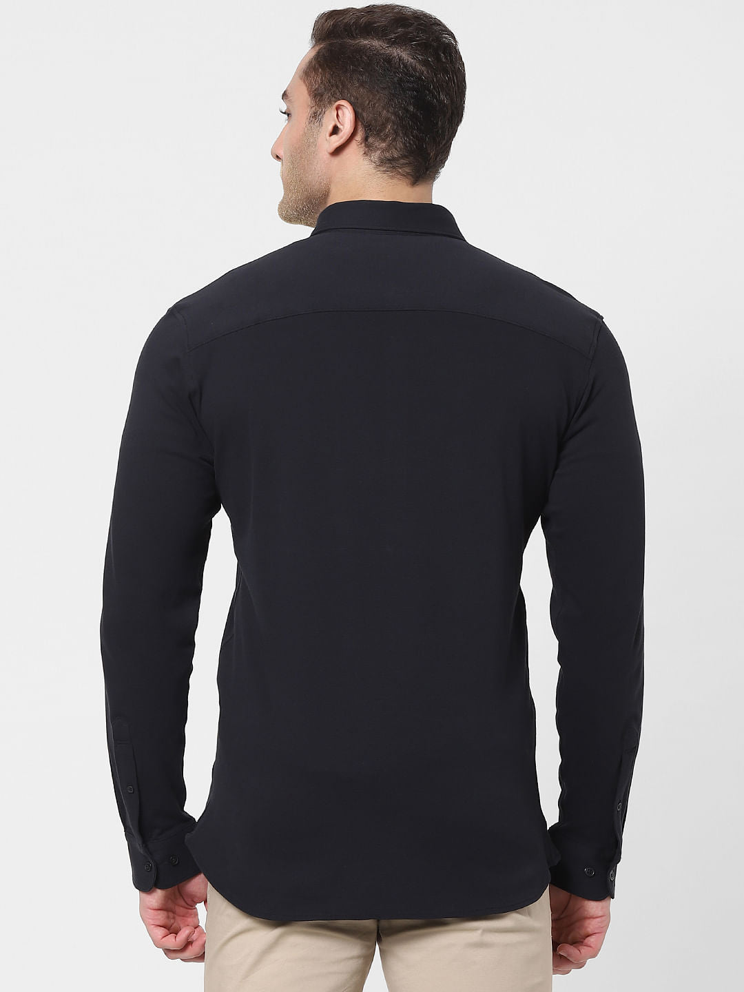 Black Button Down Full Sleeves Knit Shirt