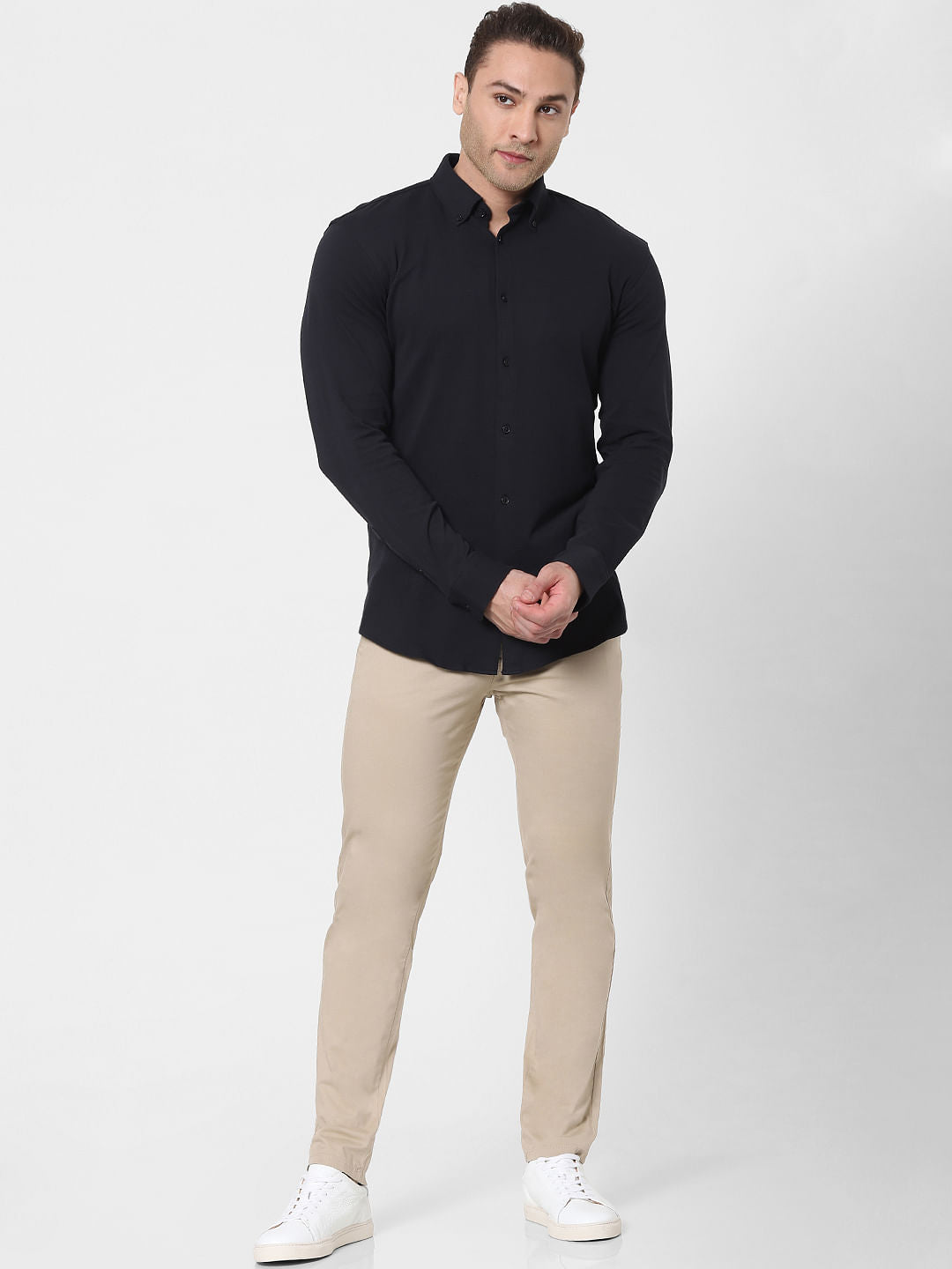 Black Button Down Full Sleeves Knit Shirt