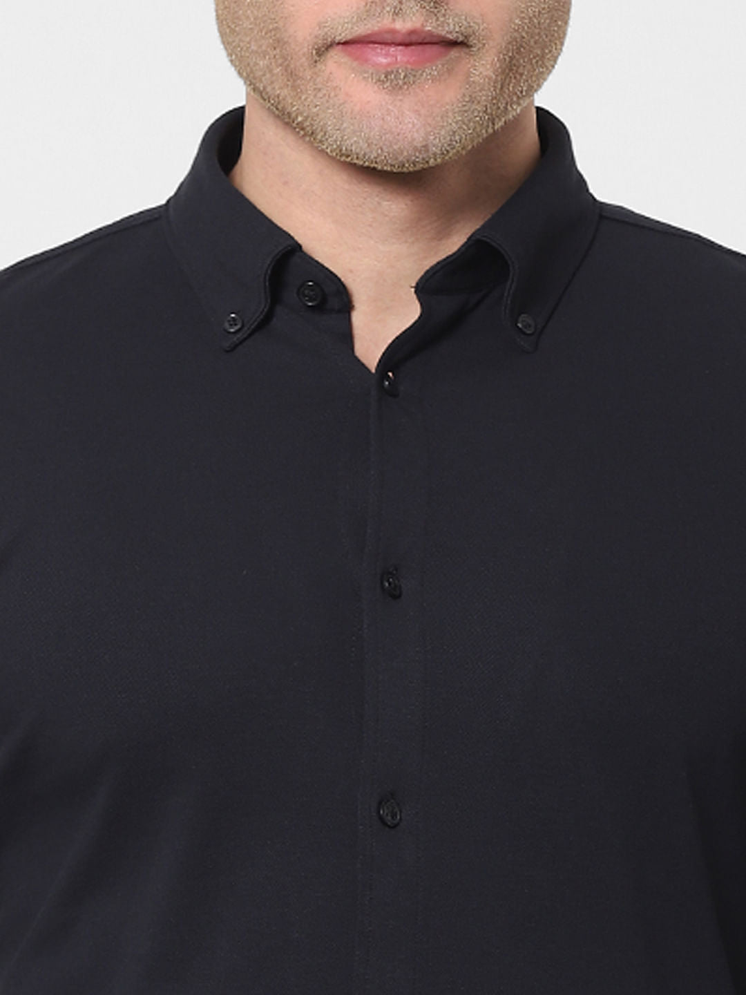 Black Button Down Full Sleeves Knit Shirt