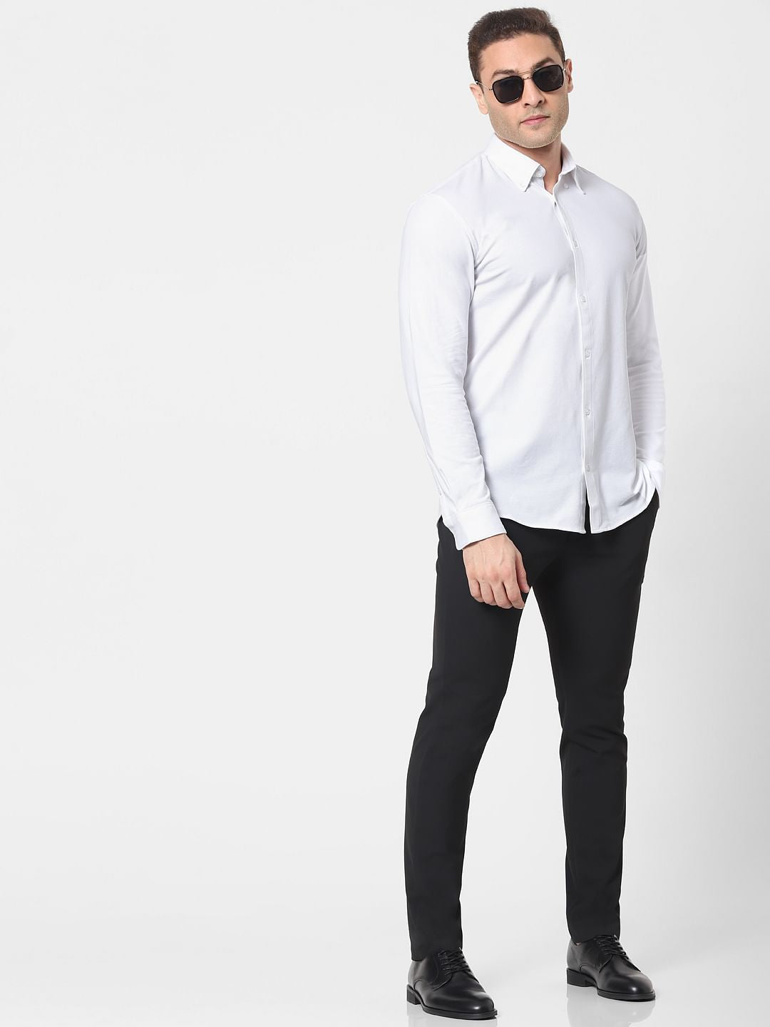 White Button Down Full Sleeves Knit Shirt