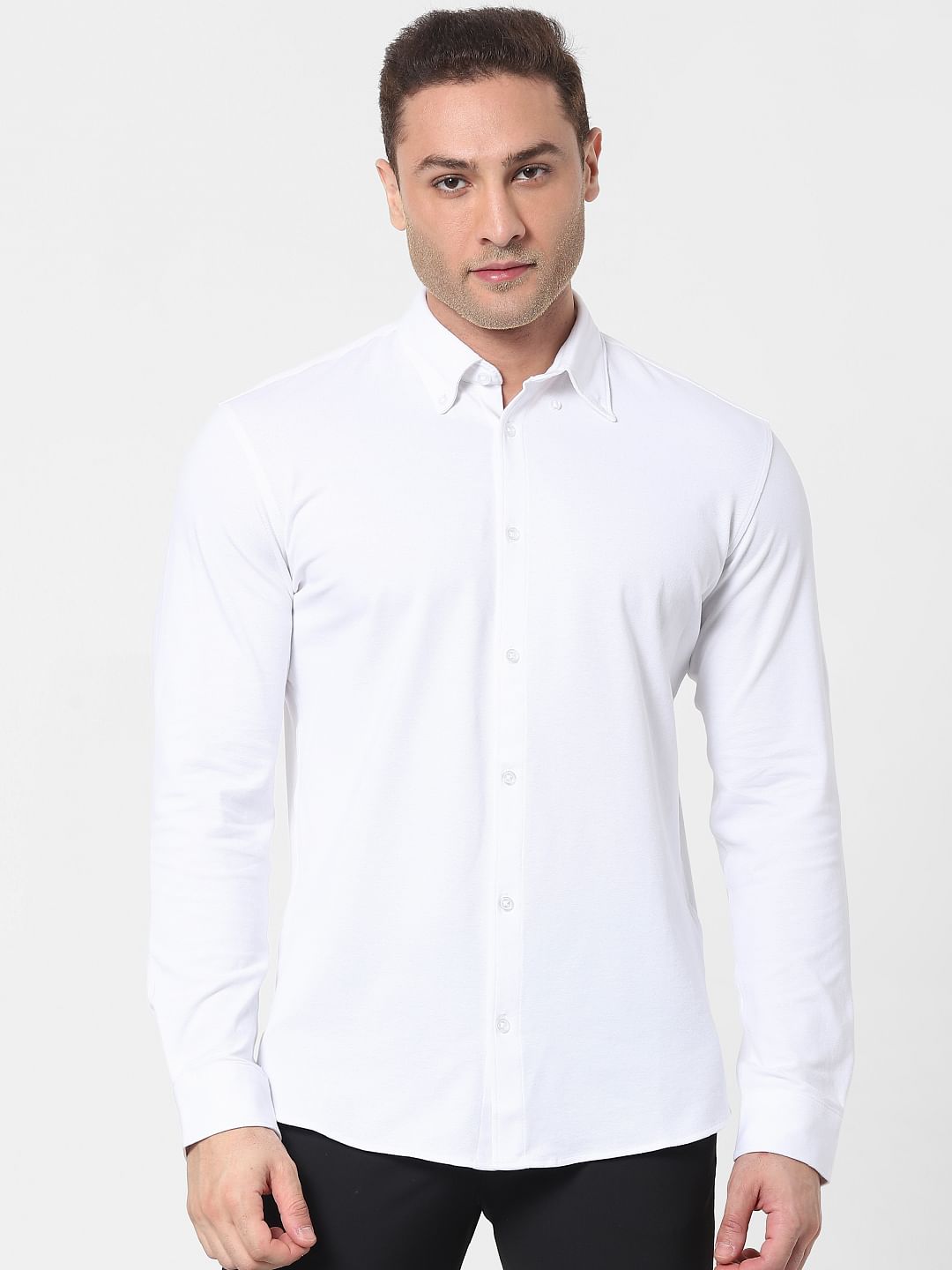 White Button Down Full Sleeves Knit Shirt