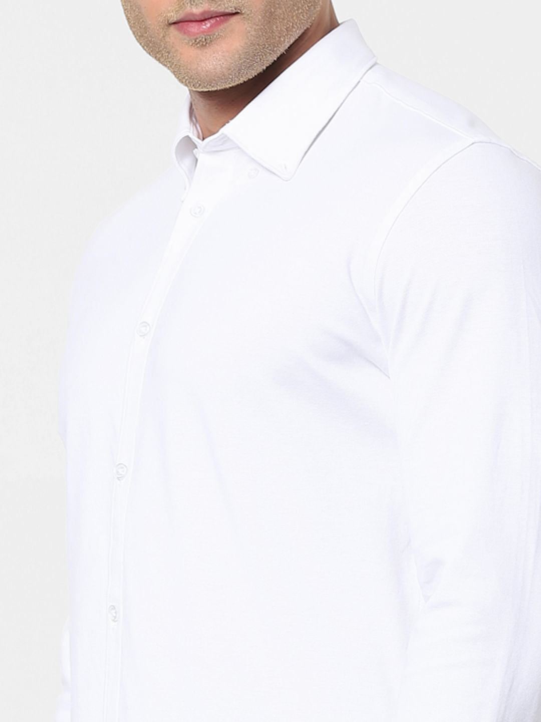 White Button Down Full Sleeves Knit Shirt