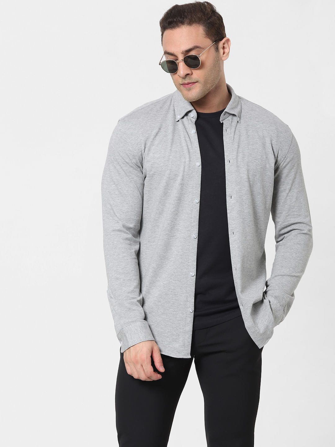 Grey Button Down Full Sleeves Knit Shirt