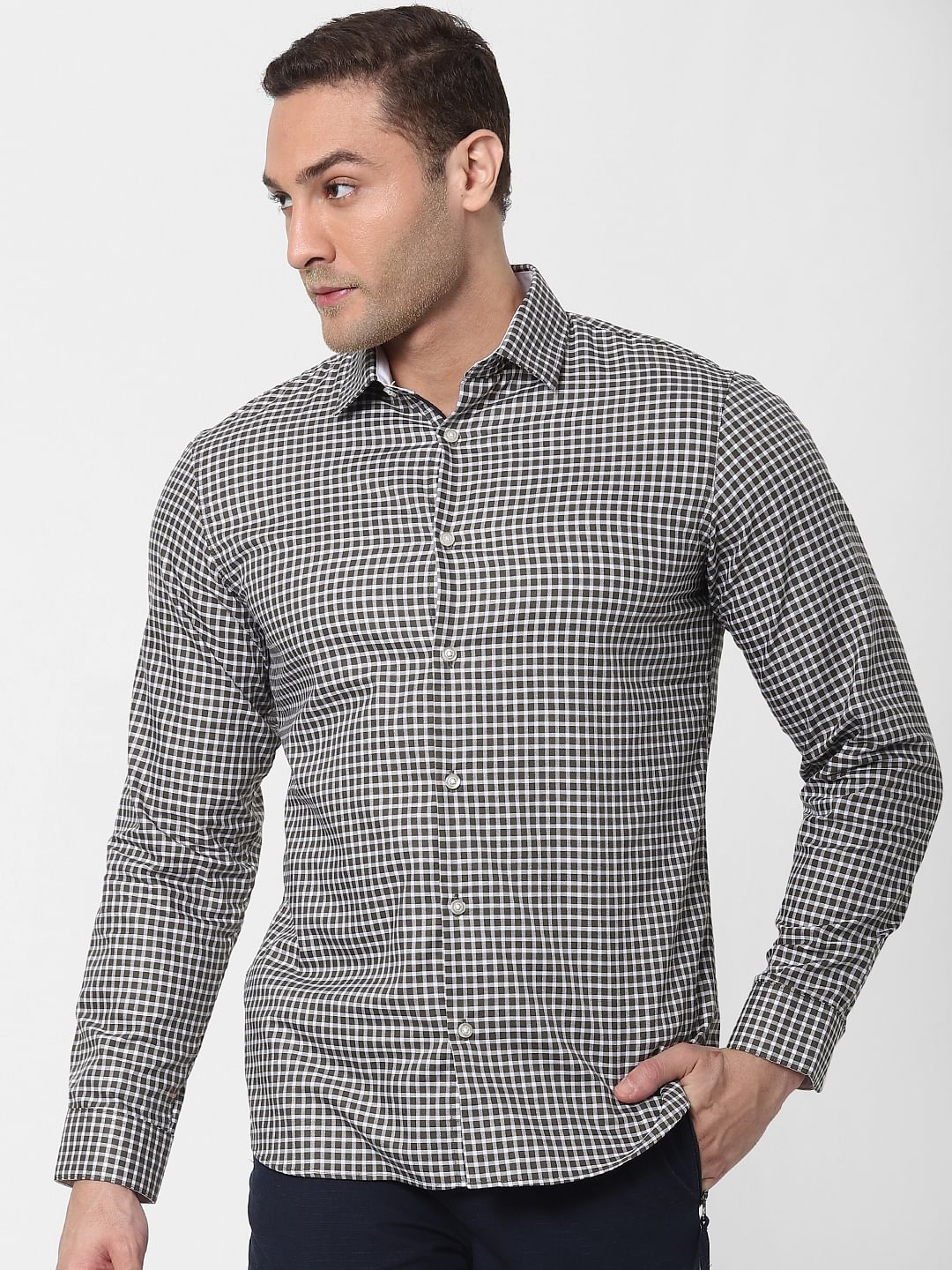 Olive Green Check Full Sleeves Shirt