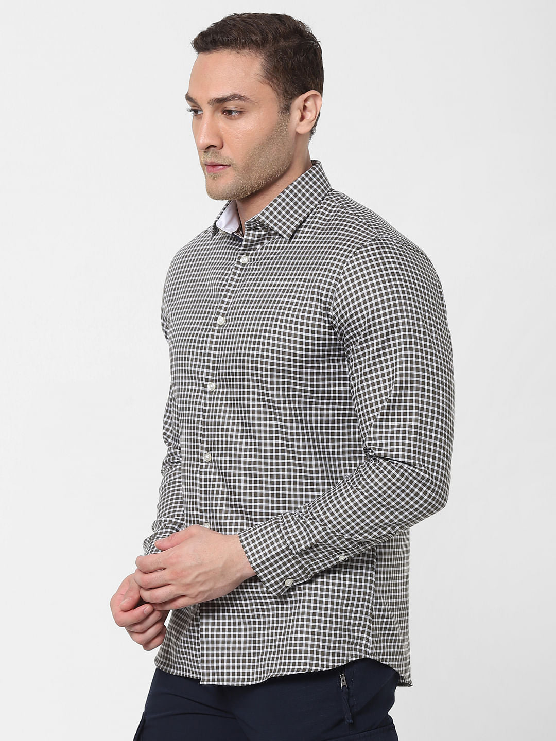 Olive Green Check Full Sleeves Shirt