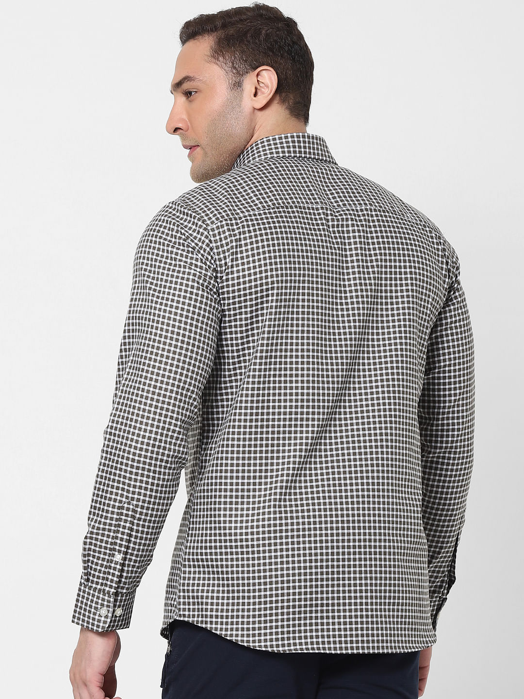 Olive Green Check Full Sleeves Shirt