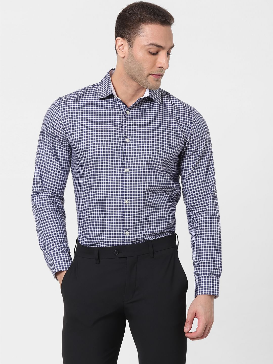 Navy Blue Check Full Sleeves Shirt