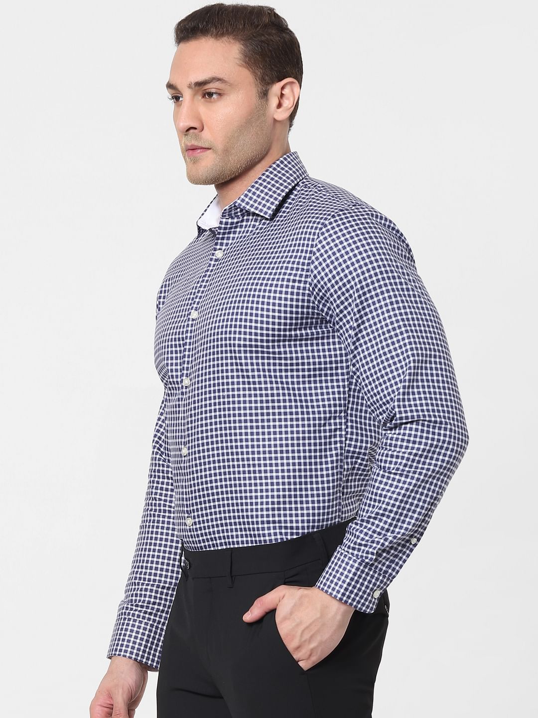 Navy Blue Check Full Sleeves Shirt