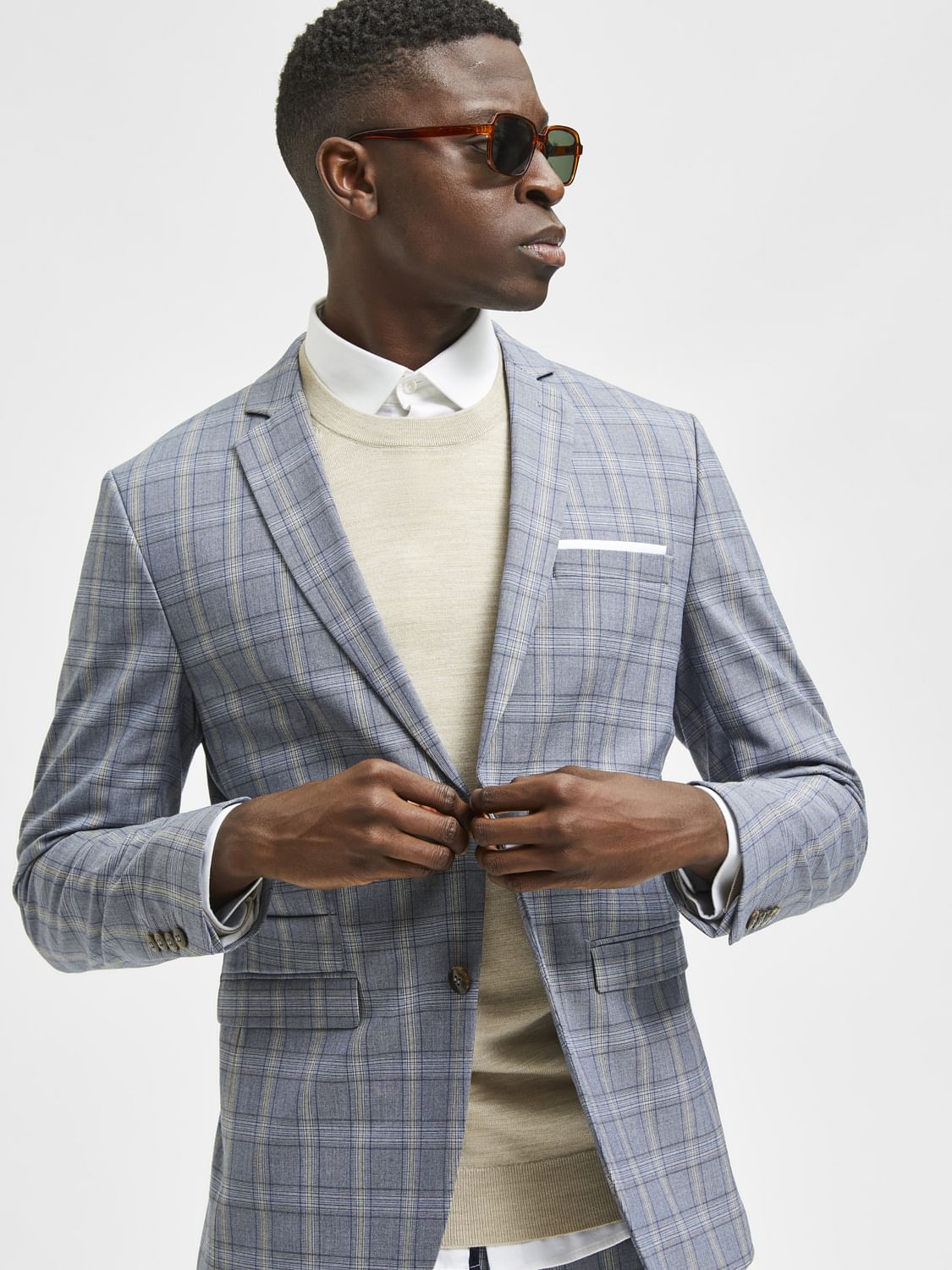 Light Blue Checks Slim Fit Suit Blazer