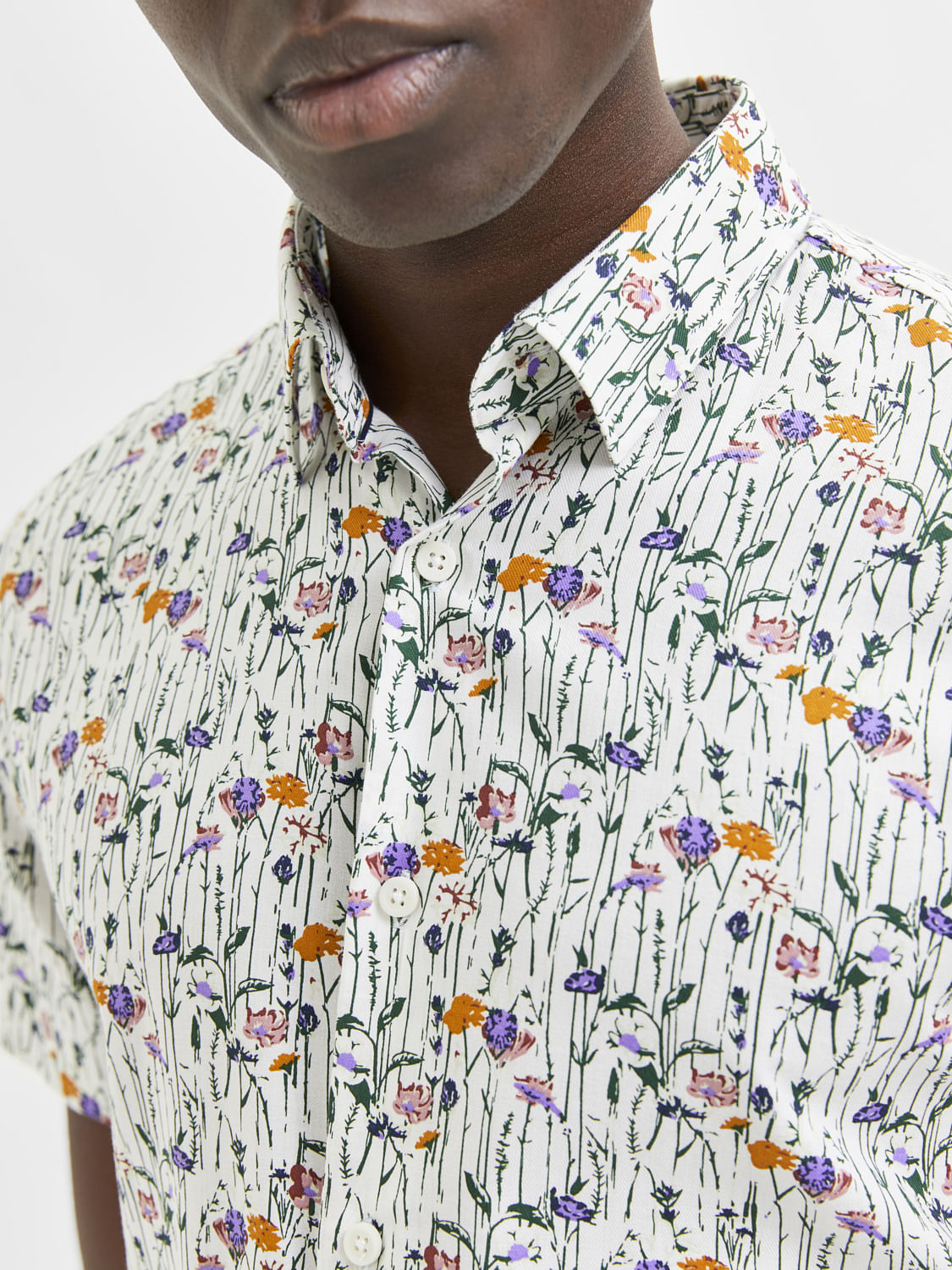 White Floral Organic Cotton Half Sleeves Shirt