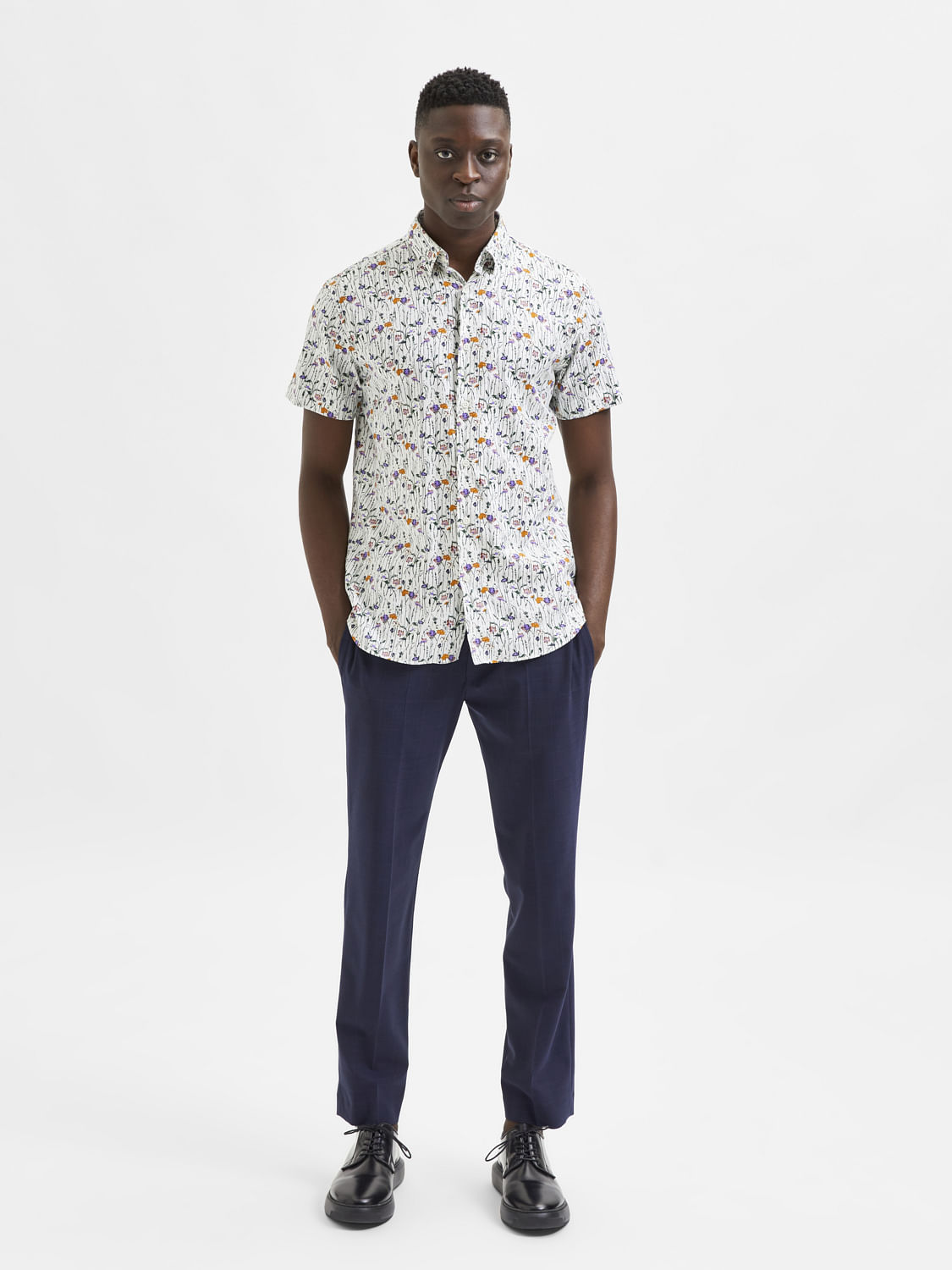 White Floral Organic Cotton Half Sleeves Shirt