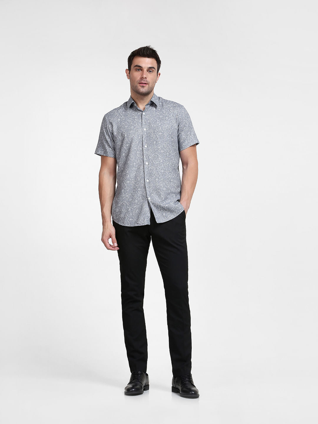 Grey Paisley Print Half Sleeves Shirt