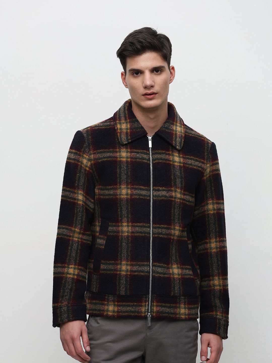 Navy Blue Check Woollen Jacket