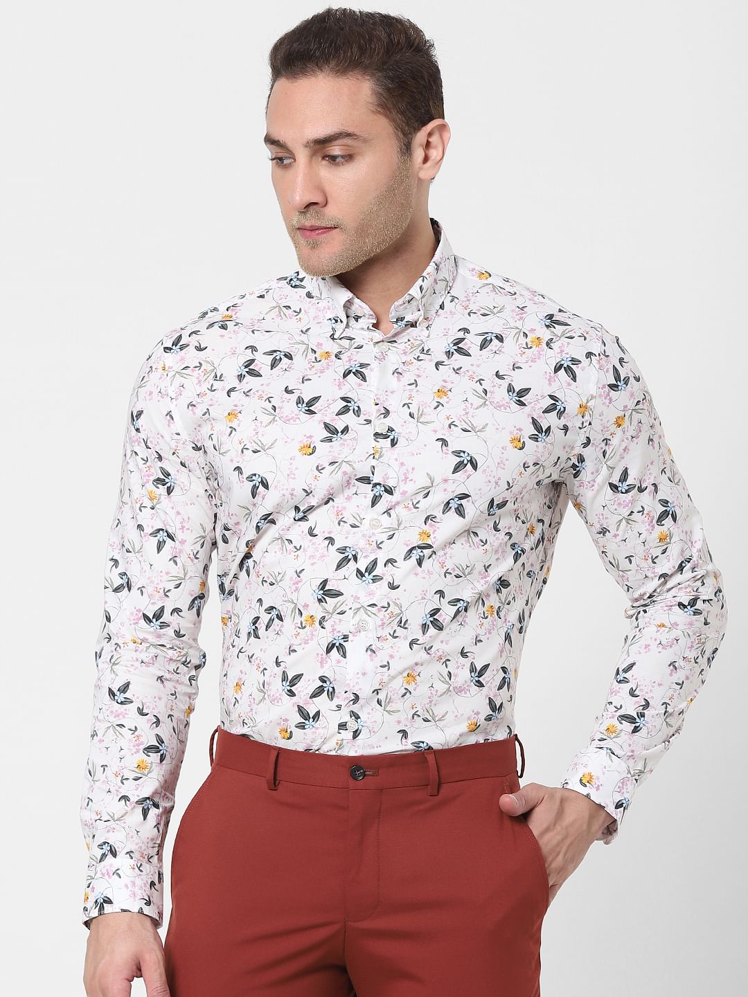 White Floral Full Sleeves Shirt