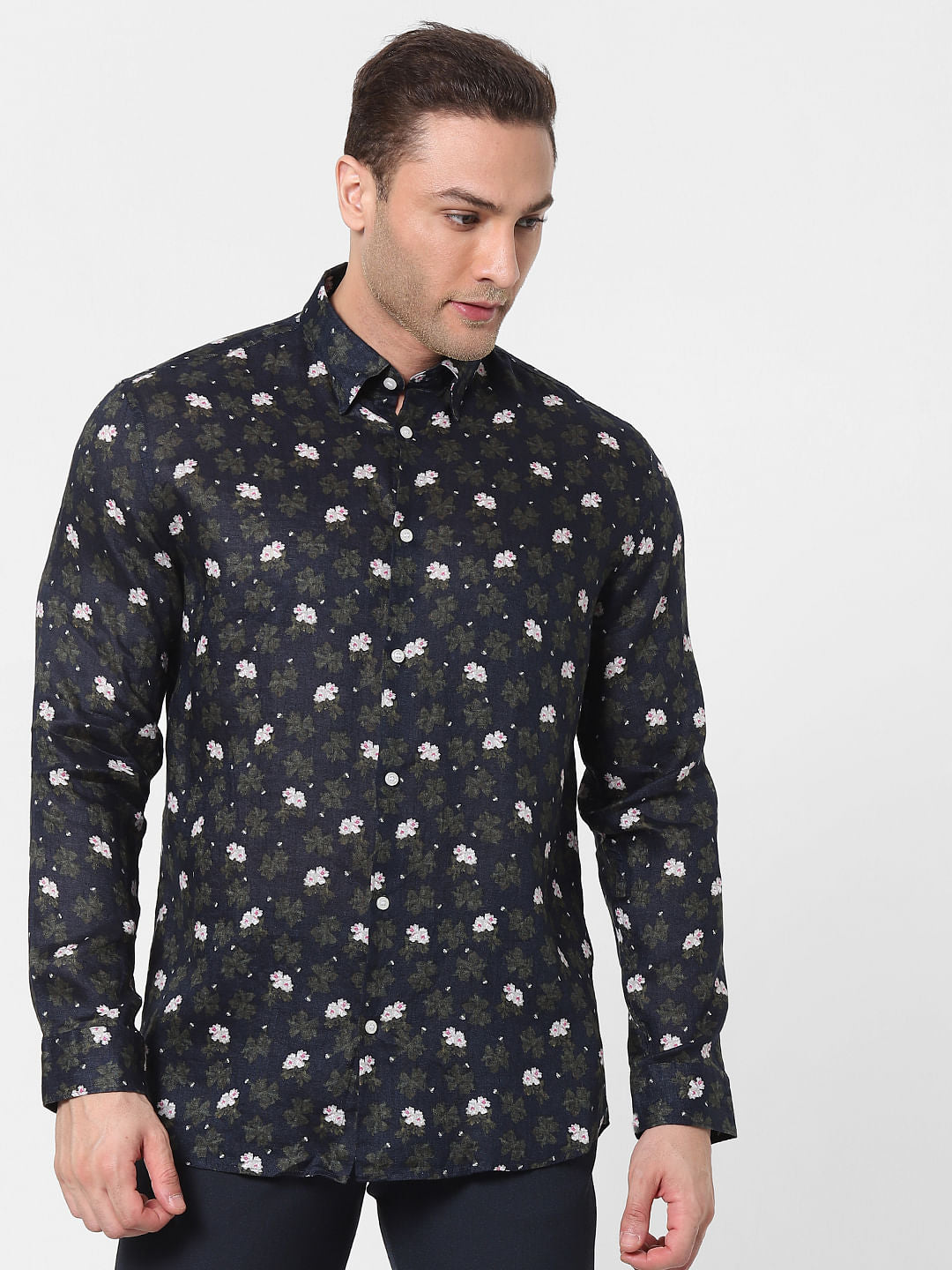 Black Floral Full Sleeves Linen Shirt