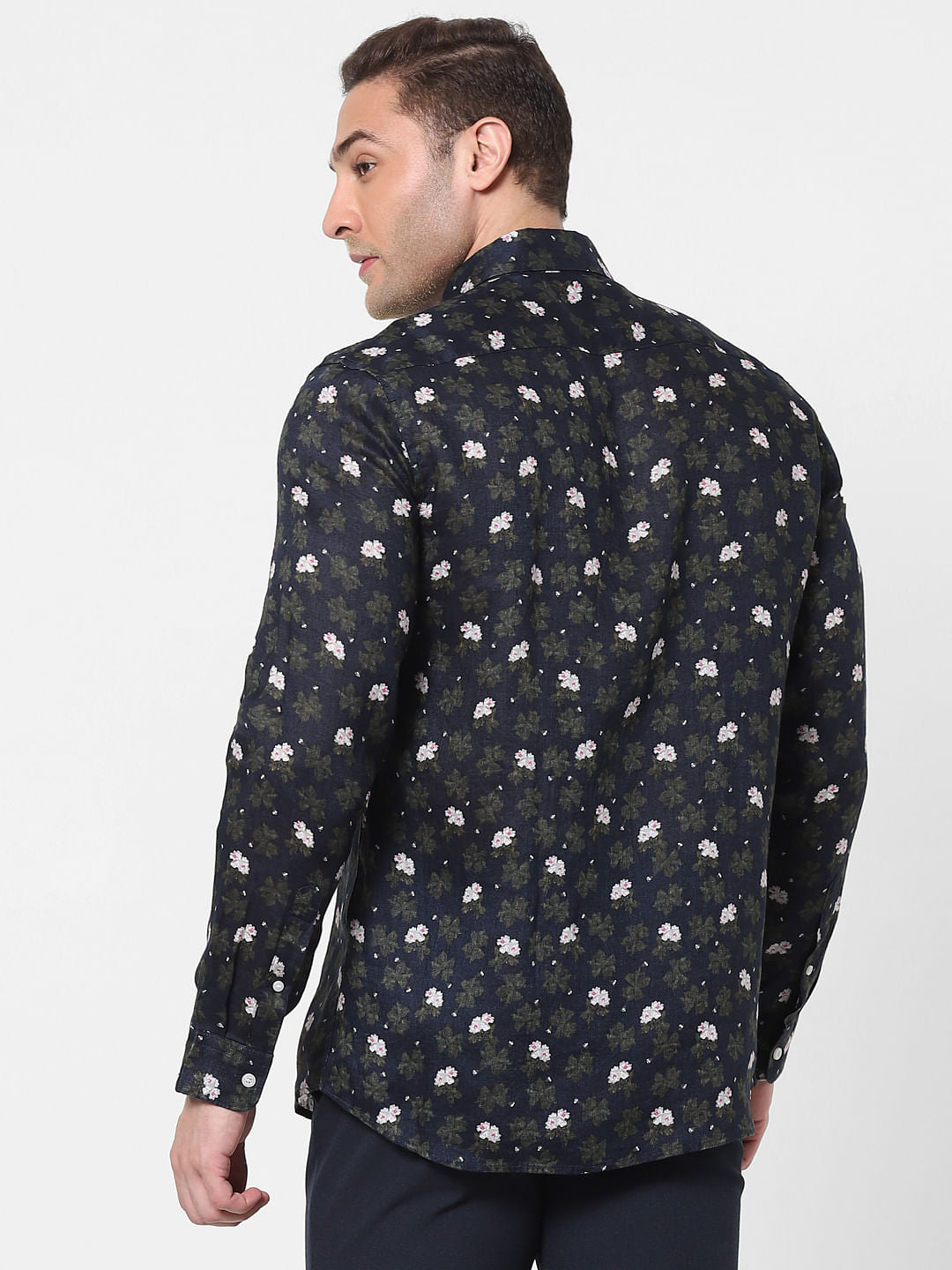 Black Floral Full Sleeves Linen Shirt