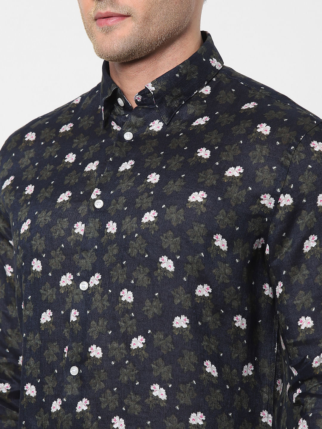 Black Floral Full Sleeves Linen Shirt