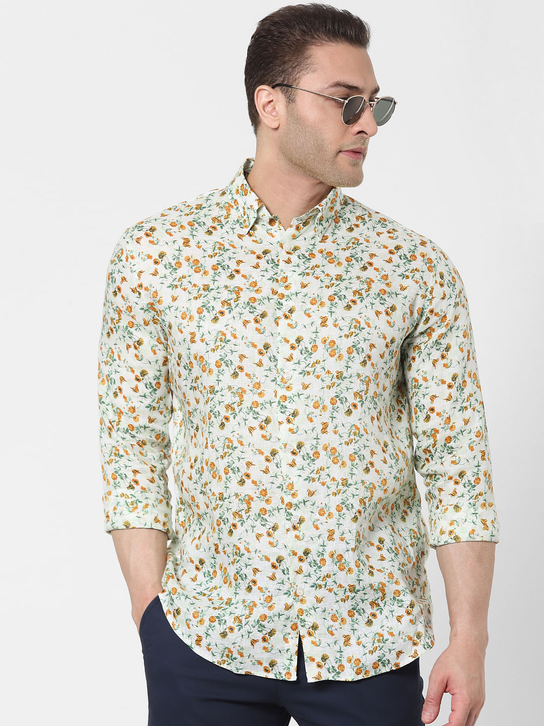 White Floral Full Sleeves Linen Shirt