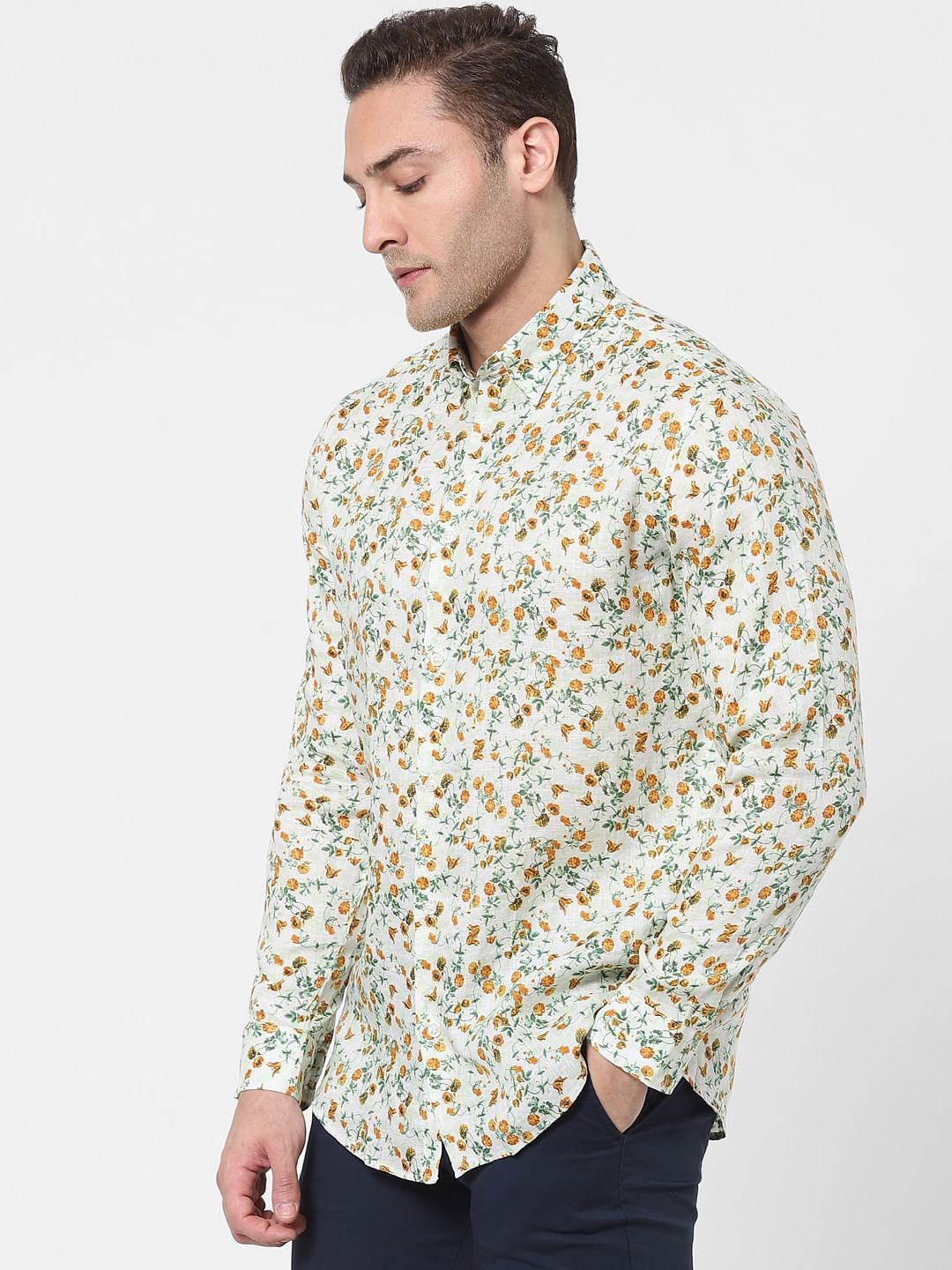 White Floral Full Sleeves Linen Shirt