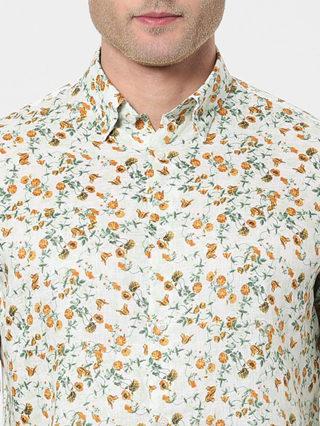 White Floral Full Sleeves Linen Shirt