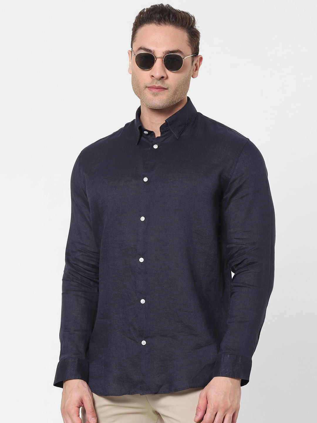 Navy Blue Full Sleeves Linen Shirt