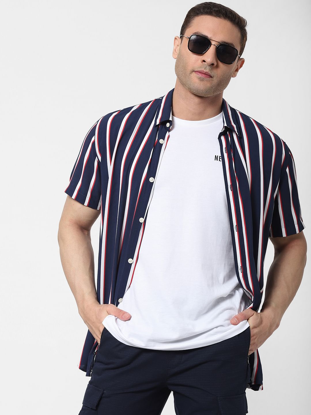 Blue Striped Short Sleeves Shirt