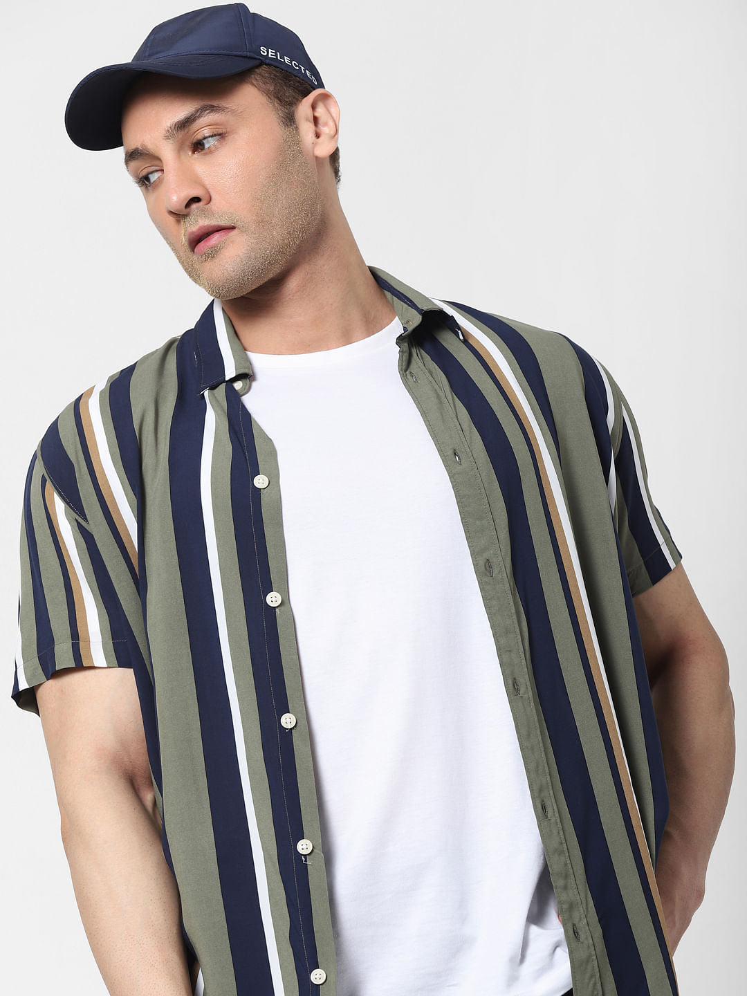 Green Striped Short Sleeves Shirt