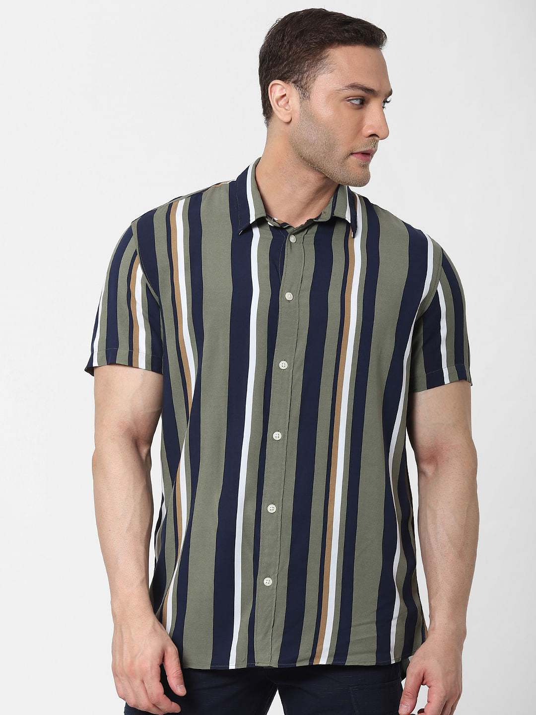 Green Striped Short Sleeves Shirt