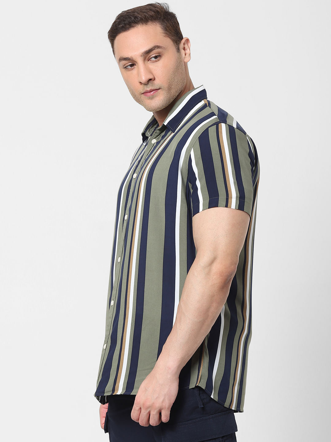 Green Striped Short Sleeves Shirt