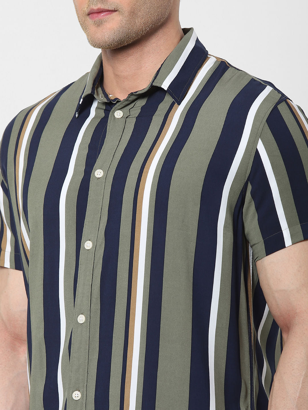 Green Striped Short Sleeves Shirt
