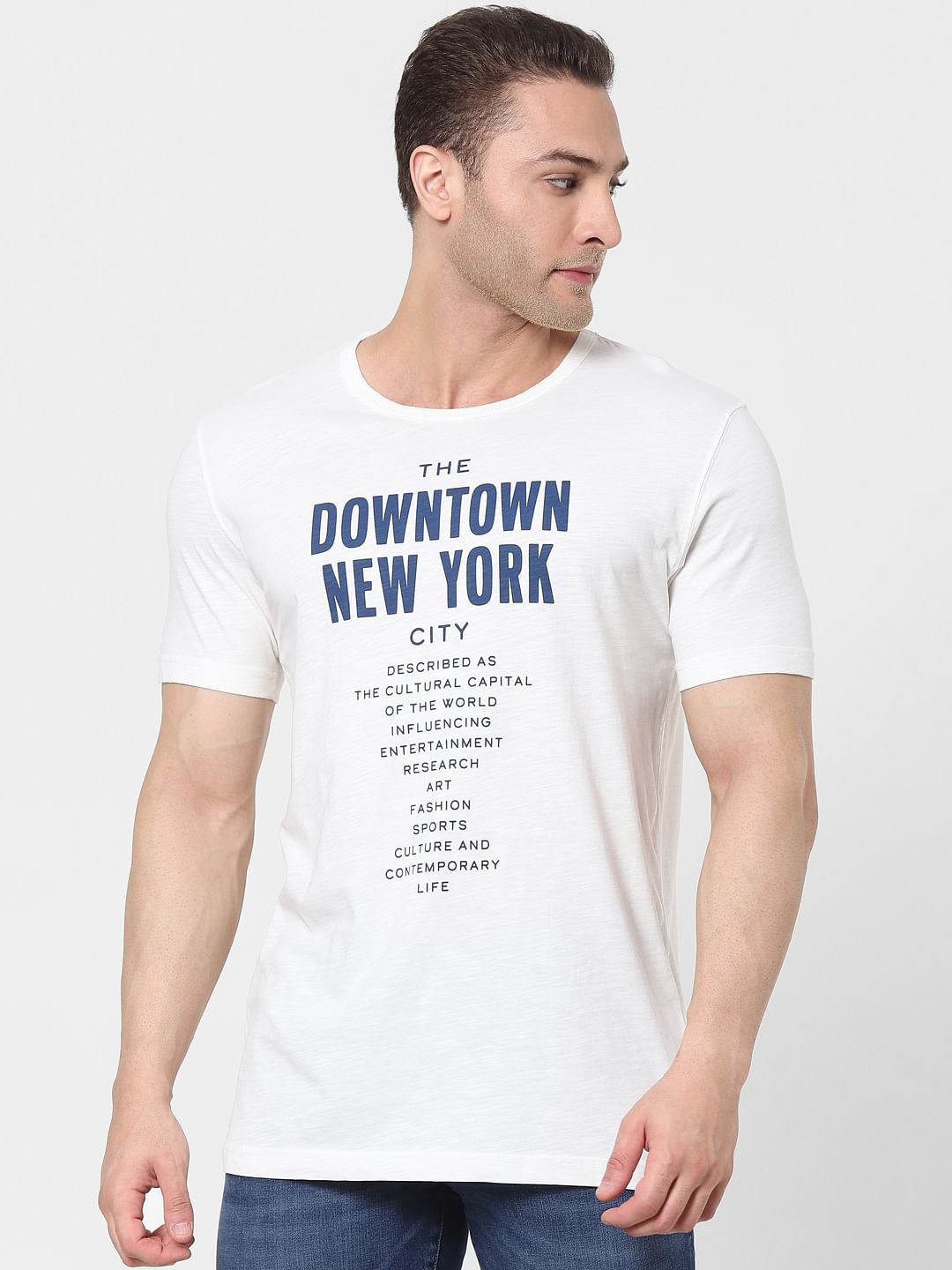 Cream Text Print Organic Cotton Crew Neck T-Shirt