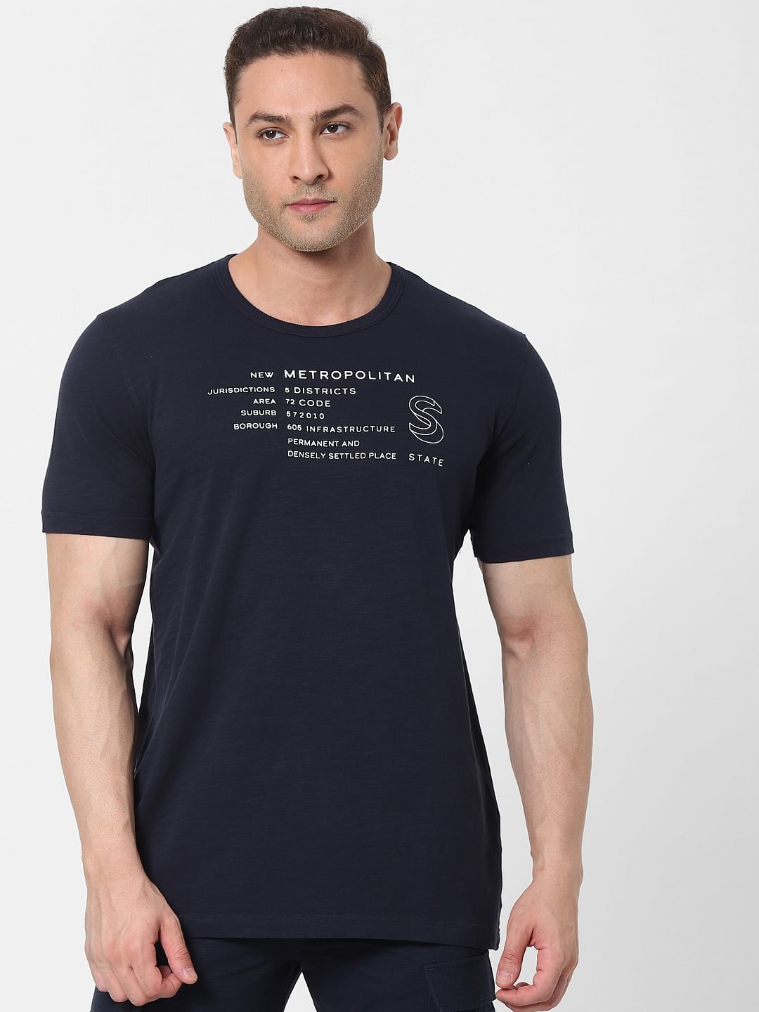 Blue Text Print Organic Cotton Crew Neck T-Shirt