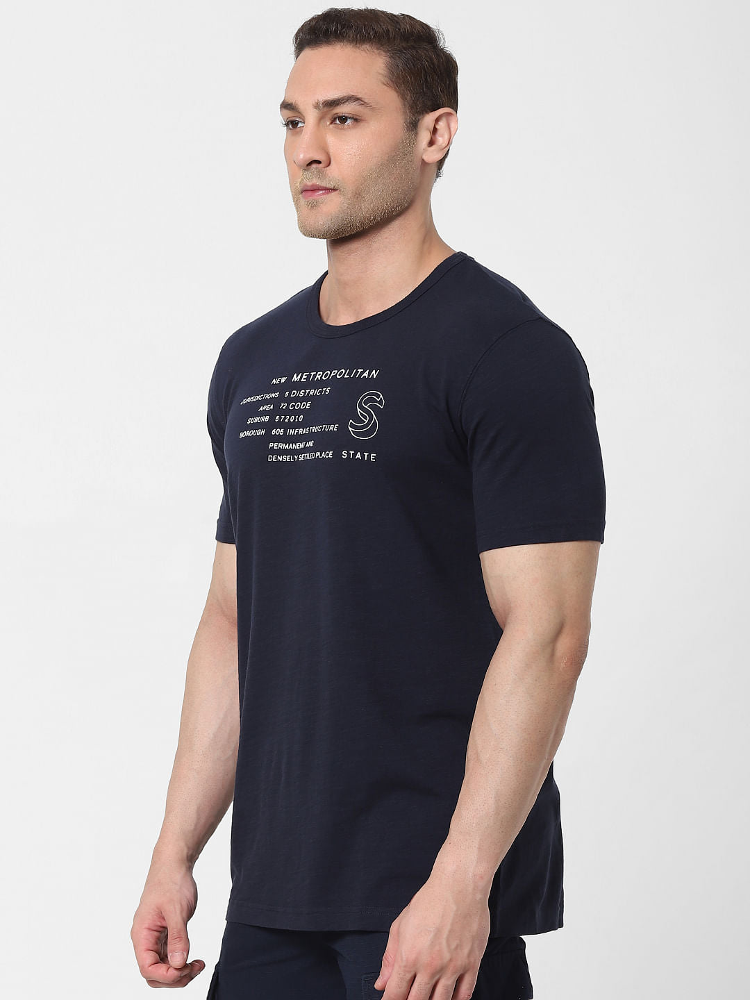 Blue Text Print Organic Cotton Crew Neck T-Shirt
