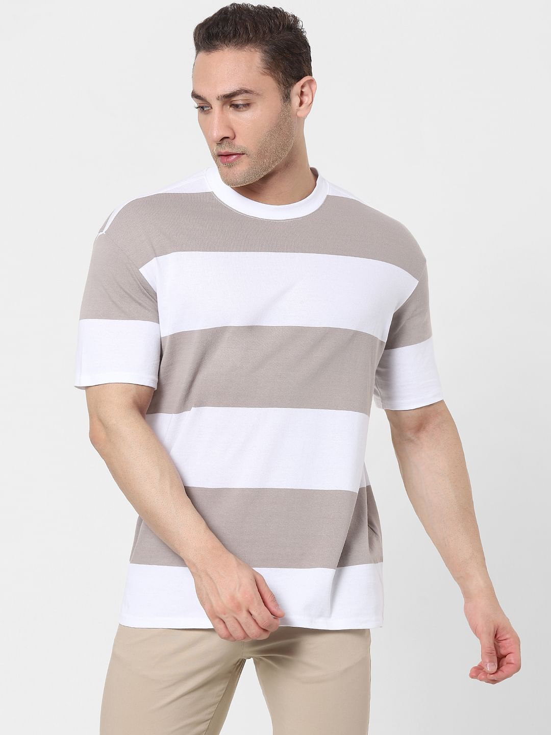 Grey Striped Organic Cotton Crew Neck T-Shirt
