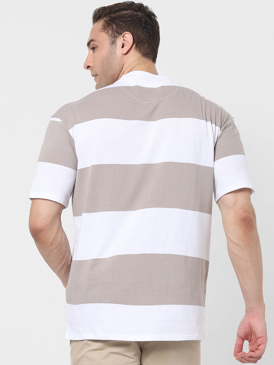 Grey Striped Organic Cotton Crew Neck T-Shirt