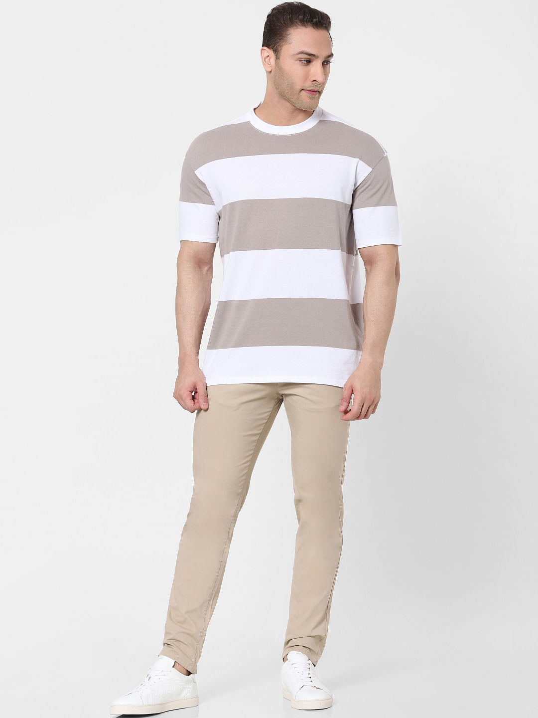 Grey Striped Organic Cotton Crew Neck T-Shirt