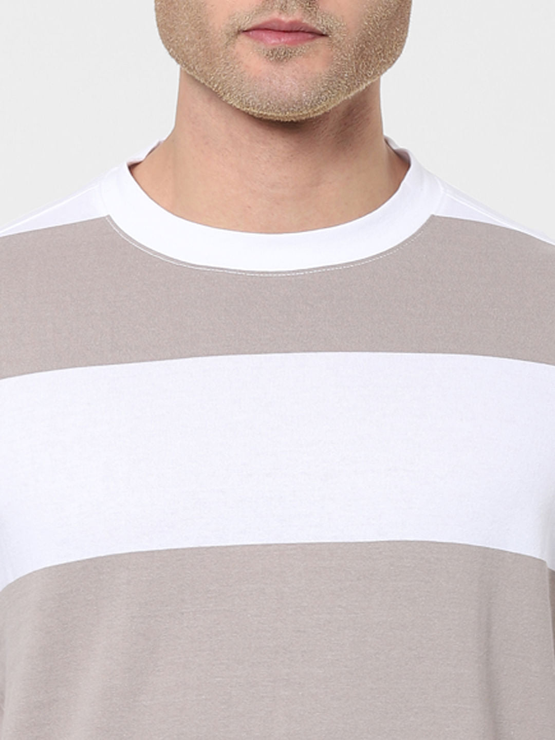 Grey Striped Organic Cotton Crew Neck T-Shirt