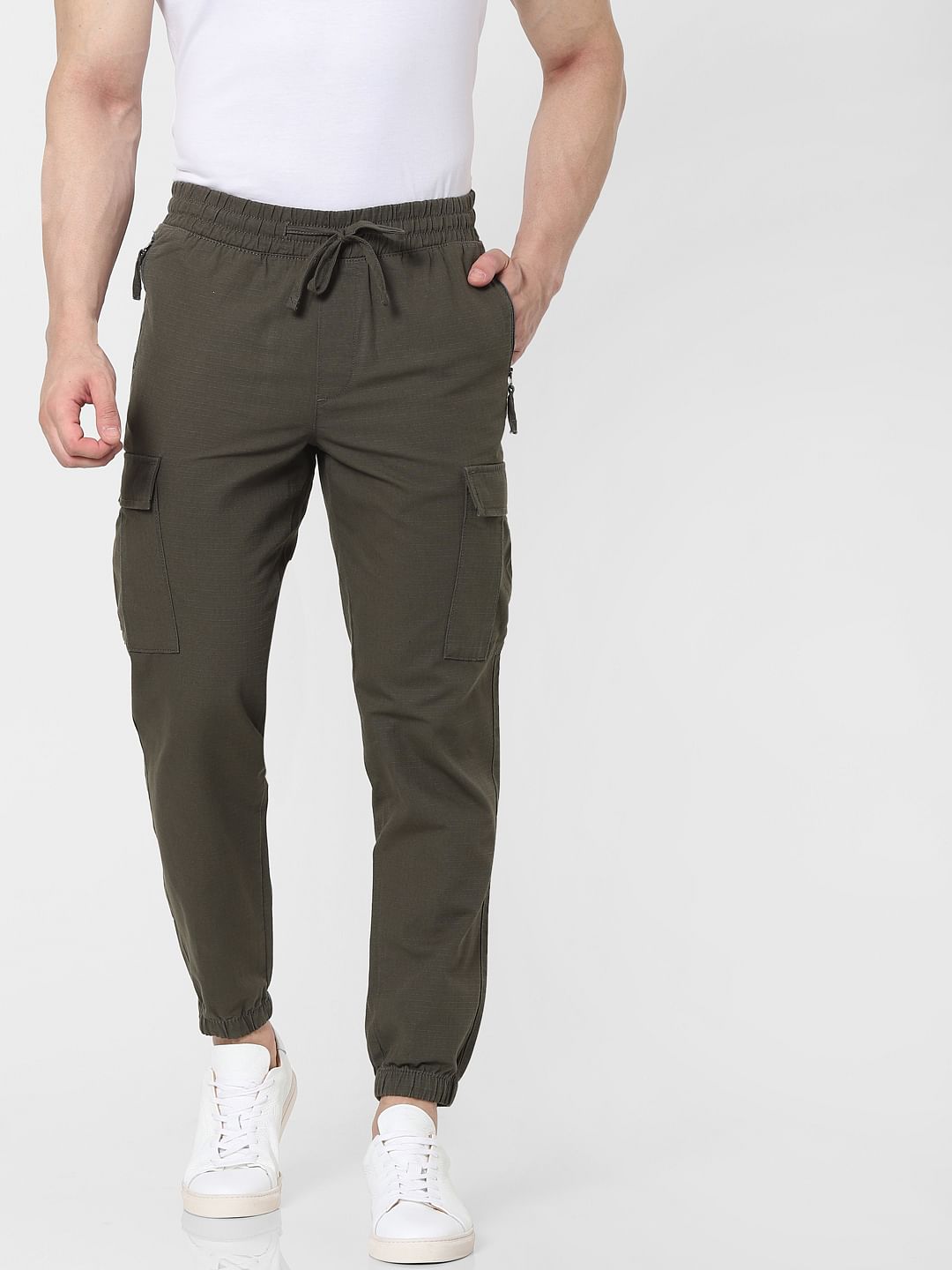 Olive Green Mid Rise Tapered Fit Pants