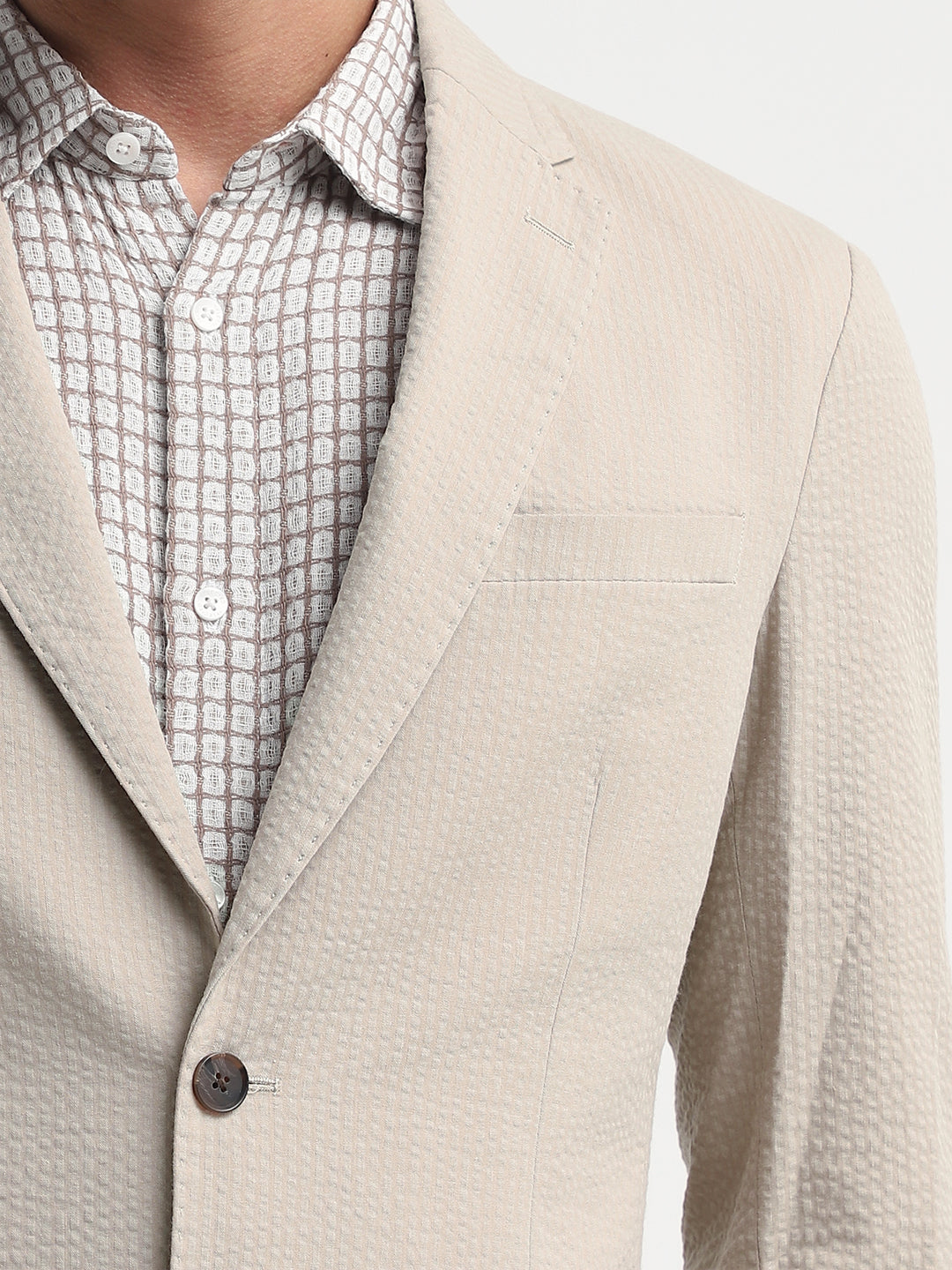 Beige Seersucker Tailored Blazer