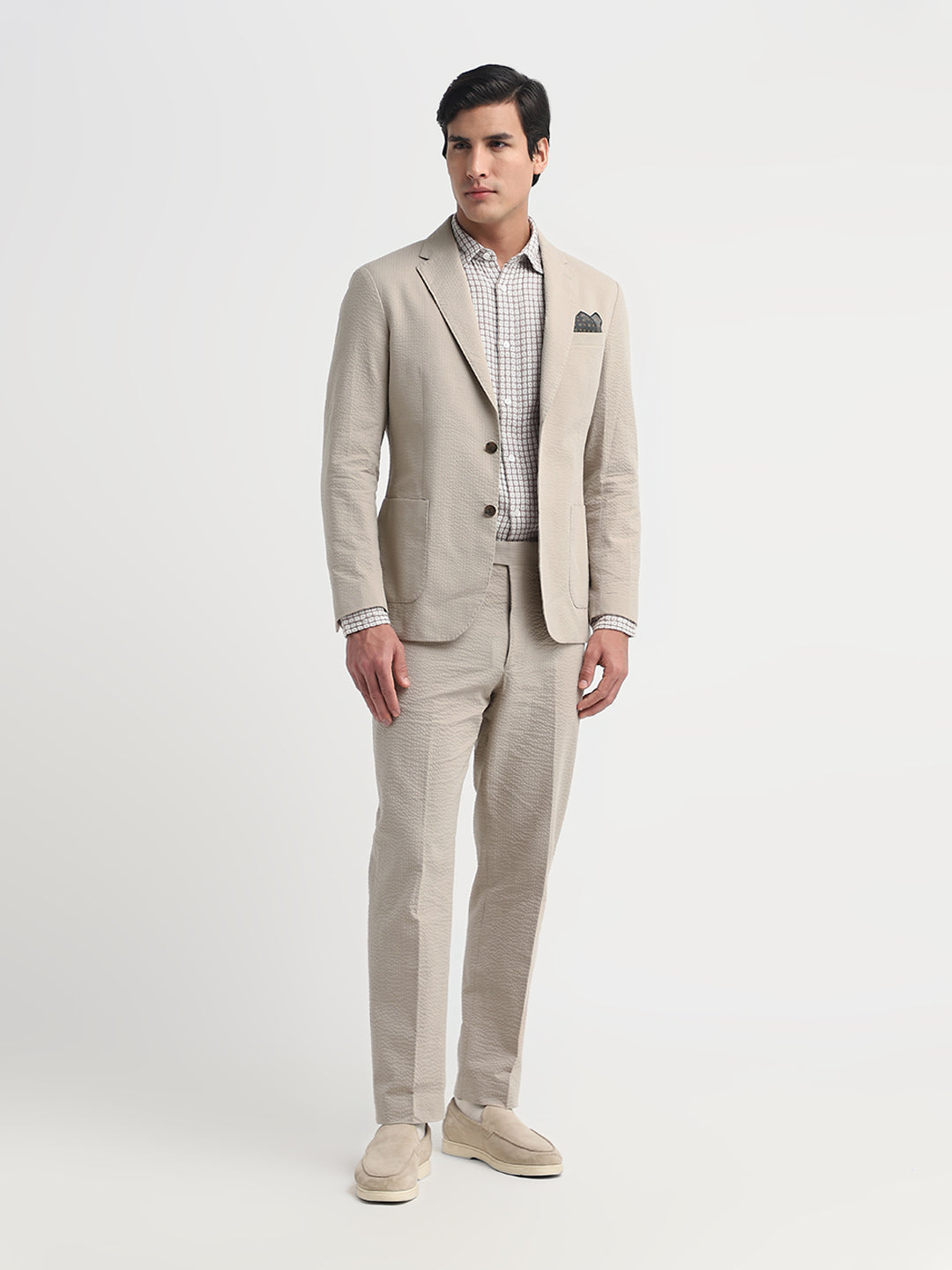 Beige Seersucker Tailored Blazer