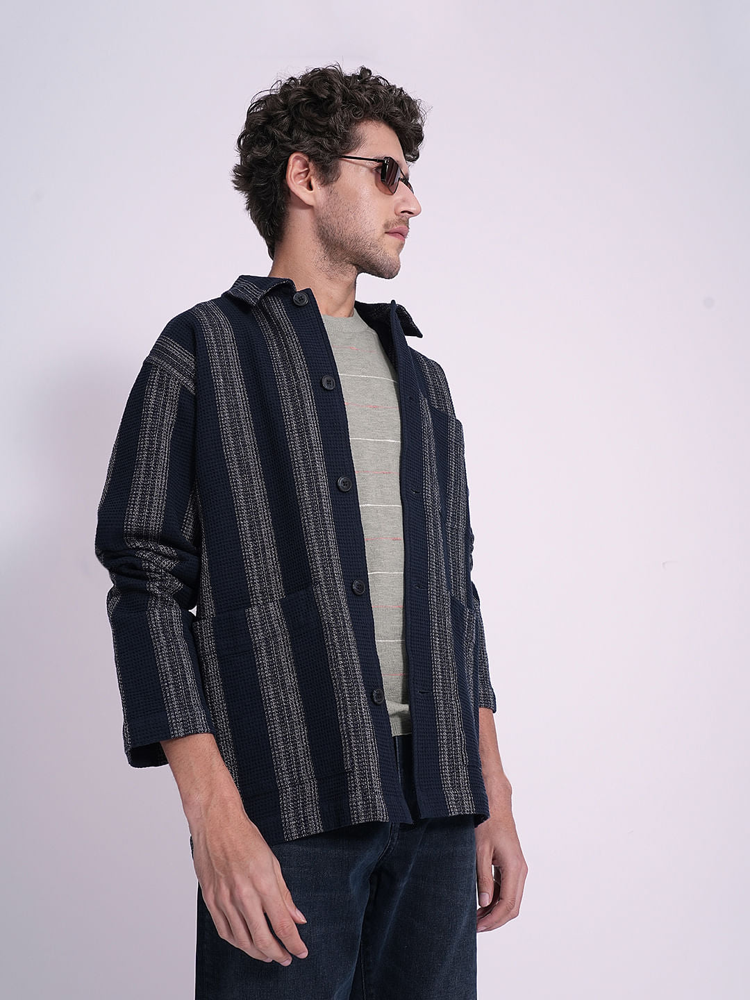 Blue Waffle Striped Overshirt