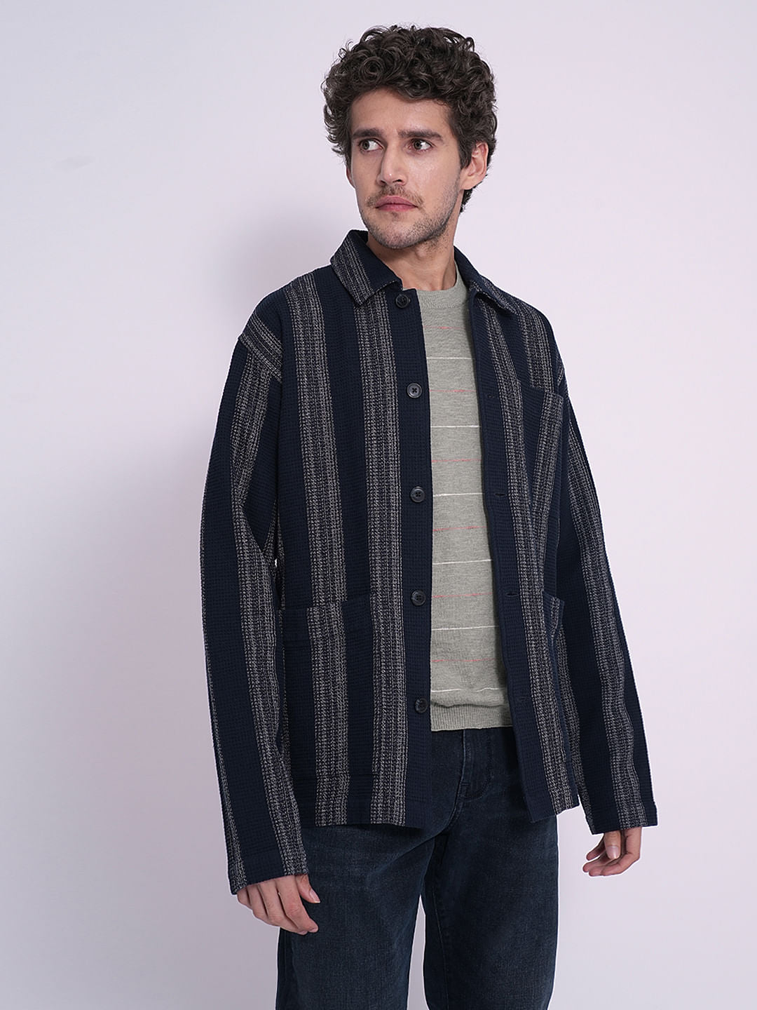 Blue Waffle Striped Overshirt