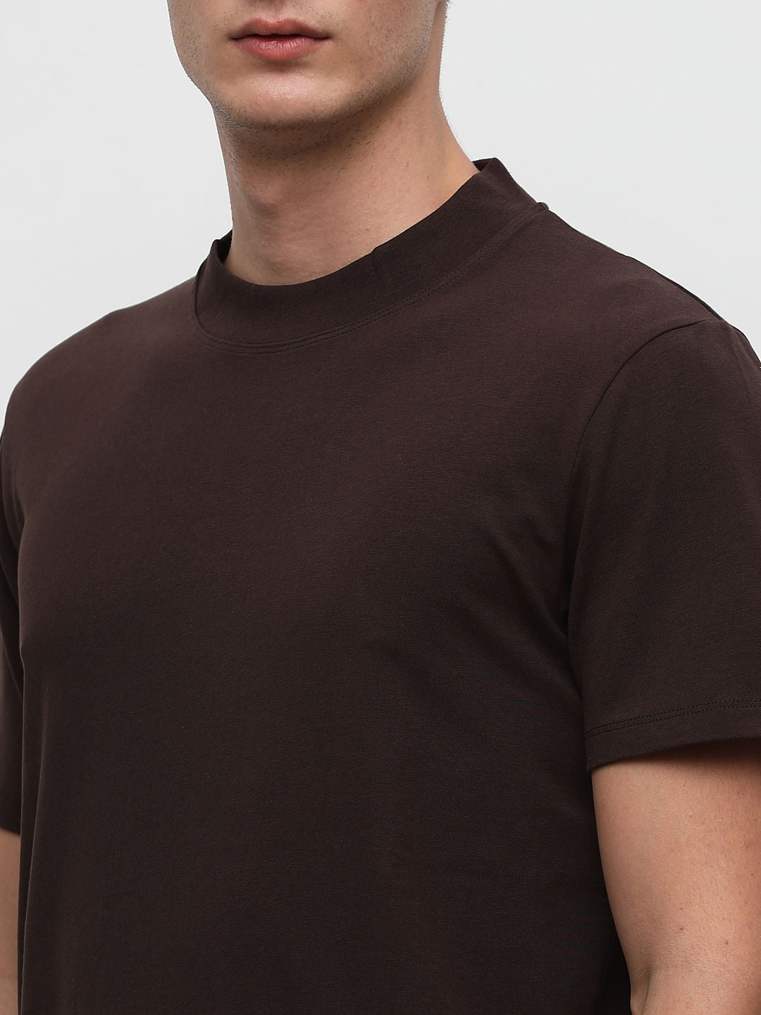 Dark Brown Solid Crew Neck T-shirt